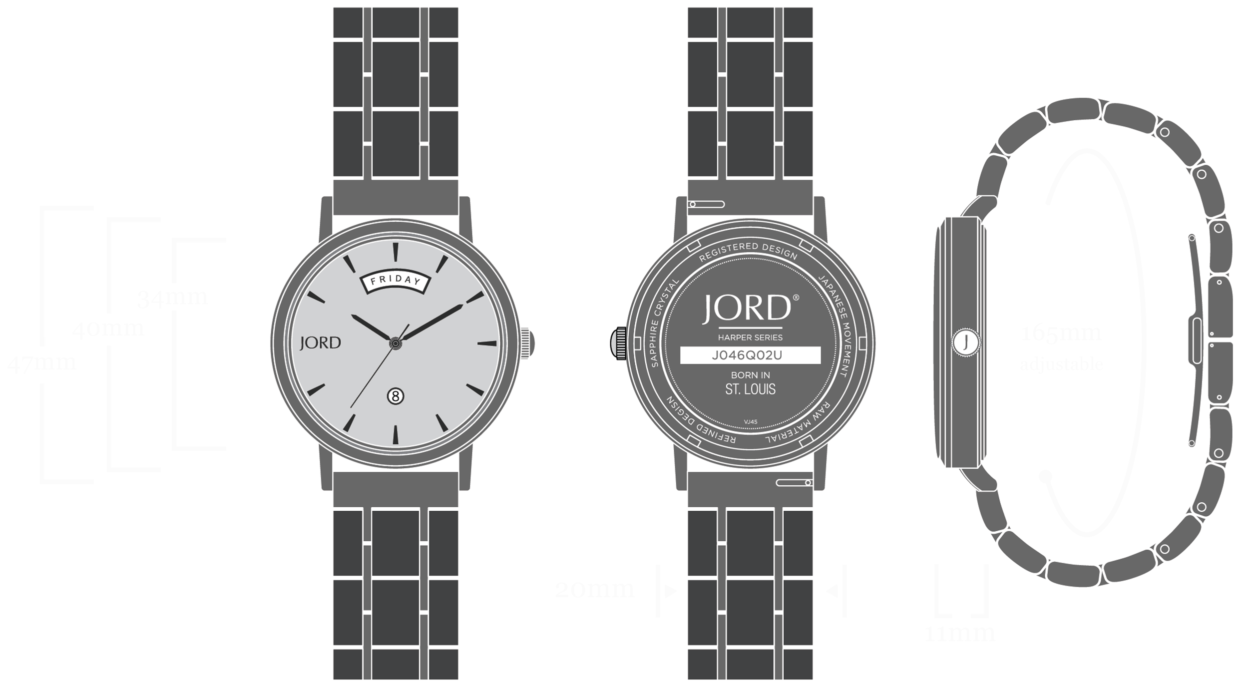 Harper - Blue Tiger's Eye & Ebony Watch Diagram